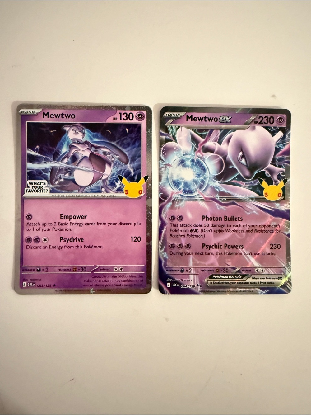 Mewtwo 063/128 + Mewtwo ex 064/128 Holofoil Pair | 30th Celebration